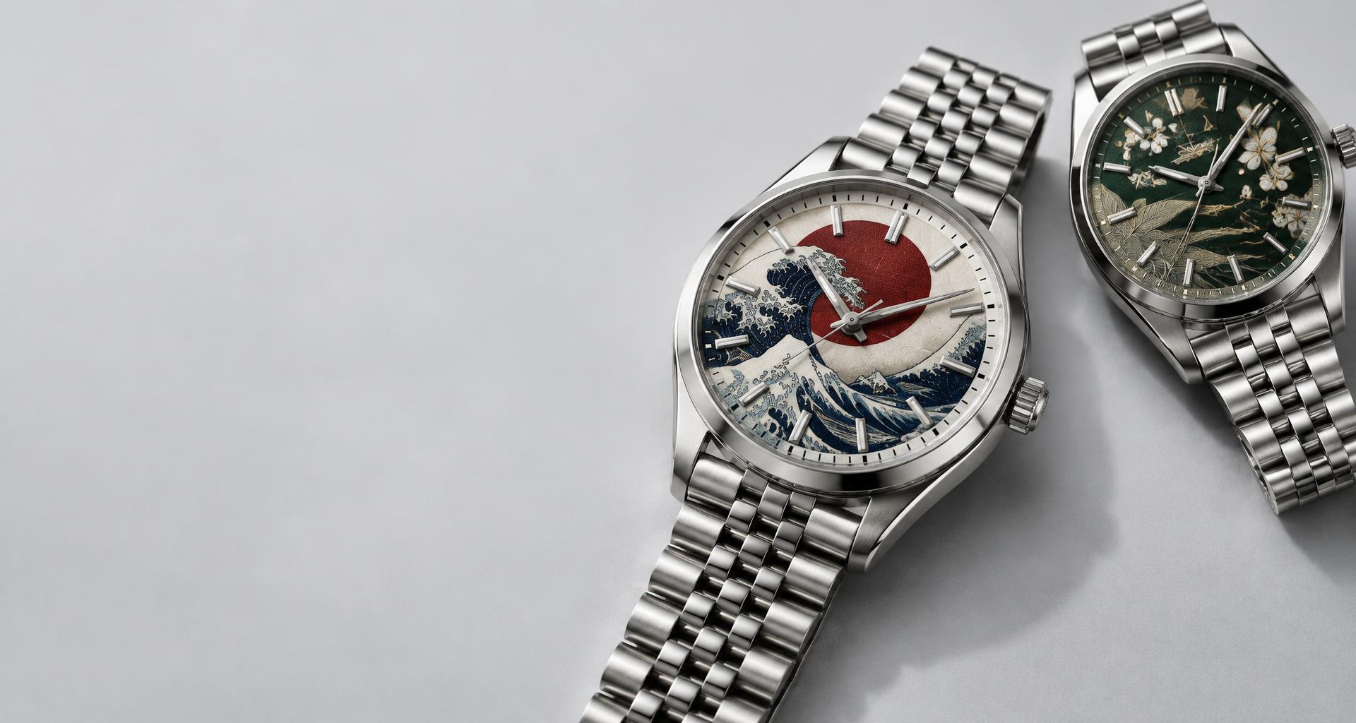 Silver watches with a Japanese wave dial and a green botanical dial